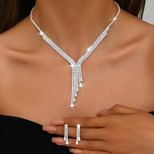 Brass Jewelry Set earring & necklace with Rhinestone Tassel plated 2 pieces & for woman silver color Sold By Set