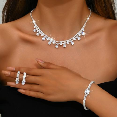 Brass Jewelry Set bracelet & earring & necklace with Rhinestone plated three pieces & for woman silver color Sold By Set