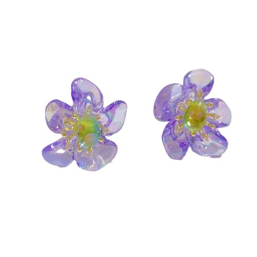 Acrylic Jewelry Earring, Flower, fashion jewelry & micro pave cubic zirconia & for woman, purple, 32x23mm, Sold By Pair