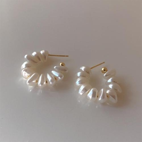 Boucle d'oreille dormeuse en alliage de zinc, avec perle de plastique, bijoux de mode & pour femme, blanc, 30mm, Vendu par paire