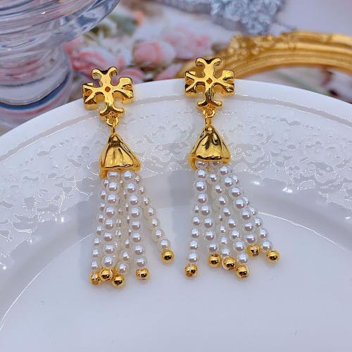 Brass Stud Earring, with Plastic Pearl, fashion jewelry & for woman, golden, 55x12mm, Sold By Pair