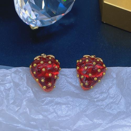 Brass Stud Earring, with Resin, Strawberry, fashion jewelry & for woman, red, 16x13mm, Sold By Pair