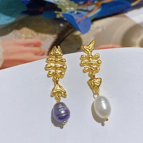 Brass Stud Earring, with Plastic Pearl, fashion jewelry & for woman, golden, 43x11mm, Sold By Pair