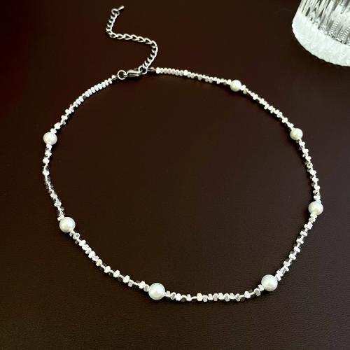 Zinc Alloy Jewelry Necklace with Plastic Pearl fashion jewelry & for woman silver color Length Approx 47 cm Sold By PC