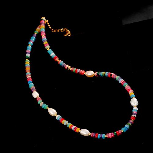 Brass Necklace, with Natural Stone & Freshwater Pearl, with 5.5cm extender chain, fashion jewelry & for woman, multi-colored, Length:Approx 39 cm, Sold By PC