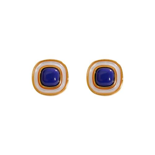 Brass Stud Earring, with Lapis Lazuli, 18K gold plated, fashion jewelry & for woman, blue, 13mm, Sold By Pair