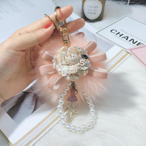 Tibetan Style Key Clasp, with Fox Hair & Velveteen & Plastic Pearl, multifunctional & for woman, more colors for choice, 80mm, Sold By PC