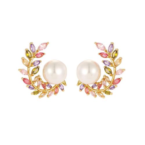 Boucles d'oreilles en laiton zircon cubique pavent, avec perle de plastique, bijoux de mode & pavé de micro zircon & pour femme, plus de couleurs à choisir, 25x20mm, Vendu par PC