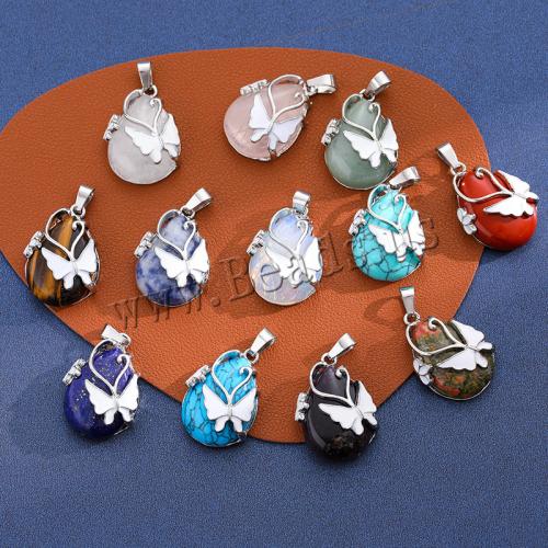 Gemstone Pendants Jewelry, Natural Stone, with Tibetan Style, Teardrop, silver color plated, DIY & different materials for choice & enamel, more colors for choice, 32x22mm, Sold By PC