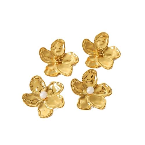 Stainless Steel Stud Earrings, 304 Stainless Steel, with Plastic Pearl, Flower, Vacuum Ion Plating, fashion jewelry & for woman, more colors for choice, 32x32mm, Sold By Pair