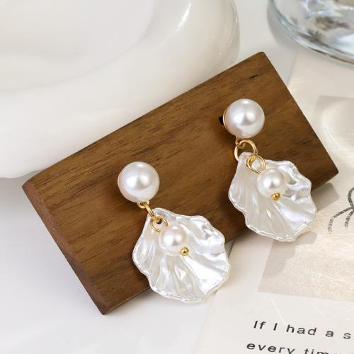 Tibetan Style Drop Earrings, with Shell & Plastic Pearl, plated, fashion jewelry, white, nickel, lead & cadmium free, 18x31mm, Sold By Pair