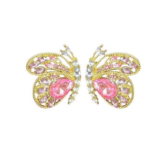 Tibetan Style Stud Earring, Butterfly, gold color plated, fashion jewelry & with rhinestone, more colors for choice, nickel, lead & cadmium free, 28.50x33.50mm, Sold By Pair