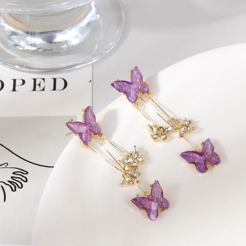 Boucles d'oreilles en alliage de zinc, Placage de couleur d'or, bijoux de mode & avec strass, violet, protéger l'environnement, sans nickel, plomb et cadmium, 13.50x50mm, Vendu par paire