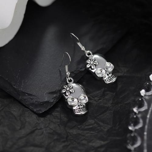 Pendientes de Aleación de Zinc, Calavera, chapado en color de plata, Joyería, plateado, libre de níquel, plomo & cadmio, 16x46mm, Vendido por Par