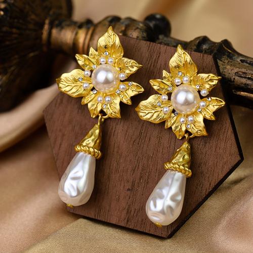 Tibetan Style Drop Earrings, with Plastic Pearl, gold color plated, fashion jewelry & with rhinestone, golden, nickel, lead & cadmium free, 31x62mm, Sold By Pair