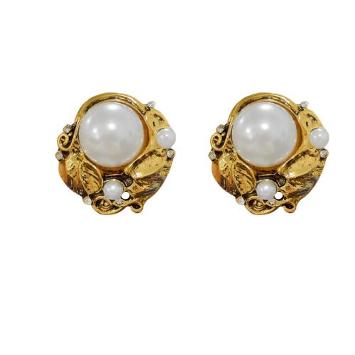 Tibetan Style Stud Earring, with ABS Plastic Pearl, gold color plated, fashion jewelry & with rhinestone, golden, nickel, lead & cadmium free, 22x22mm, Sold By Pair