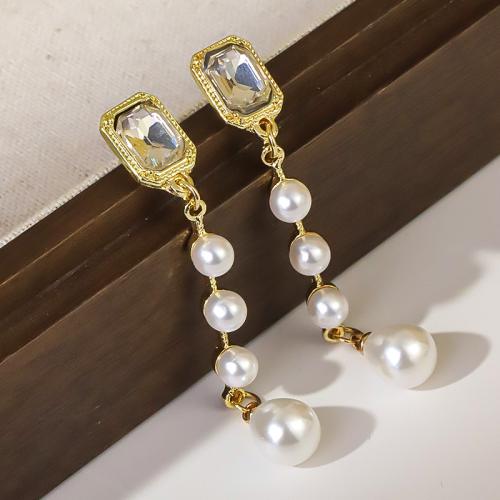 Tibetan Style Drop Earrings, with ABS Plastic Pearl, gold color plated, fashion jewelry & with rhinestone, golden, nickel, lead & cadmium free, 9x5.90mm, Sold By Pair