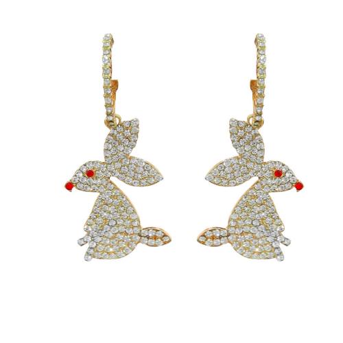 Tibetan Style Drop Earrings, Rabbit, gold color plated, fashion jewelry & micro pave cubic zirconia, golden, nickel, lead & cadmium free, 23x51mm, Sold By Pair