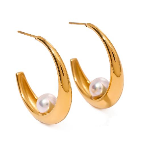 Stainless Steel Stud Earrings, 304 Stainless Steel, with Plastic Pearl, fashion jewelry & for woman, gold, Sold By Pair