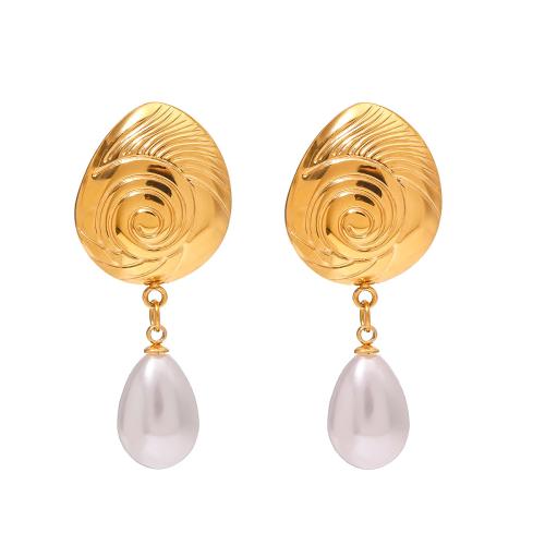 Stainless Steel Stud Earrings, 304 Stainless Steel, with Plastic Pearl, fashion jewelry & for woman, gold, Sold By Pair