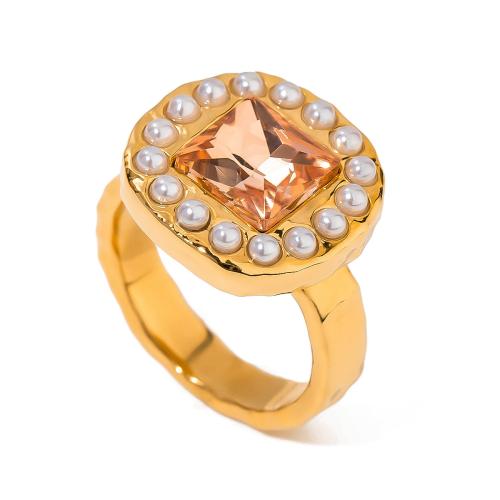 Rhinestone Stainless Steel Finger Ring, 304 Stainless Steel, with Plastic Pearl, 18K gold plated, fashion jewelry & for woman & with rhinestone, Sold By PC