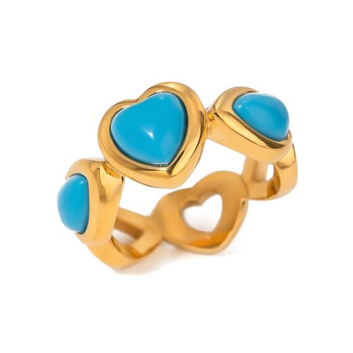 Stainless Steel Finger Ring, 304 Stainless Steel, with turquoise, fashion jewelry & for woman & hollow, gold, US Ring Size:7, Sold By PC