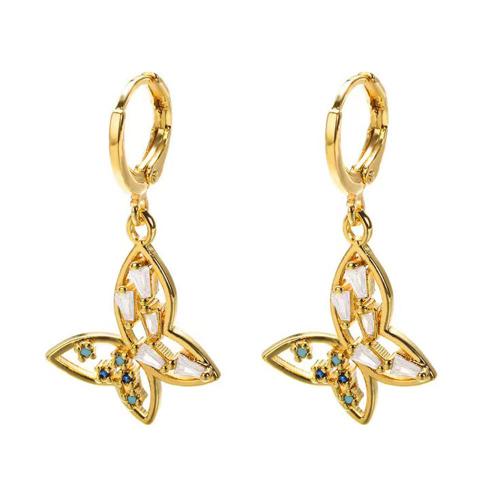 Huggie Hoop Drop Earring, Brass, Butterfly, plated, micro pave cubic zirconia & for woman, golden, Sold By Pair