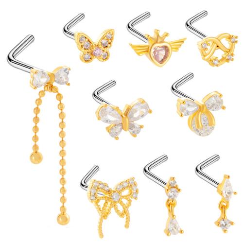 Jóias de Piercing de nariz de aço inoxidável, Aço inoxidável 304, unissex & Vario tipos a sua escolha & micro pavimento em zircônia cúbica, dourado, vendido por PC