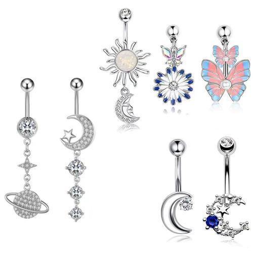 Stainless Steel Belly Ring, 304 Stainless Steel, with Opal & Plastic Pearl, Unisex & different styles for choice & micro pave cubic zirconia & enamel, more colors for choice, Sold By PC