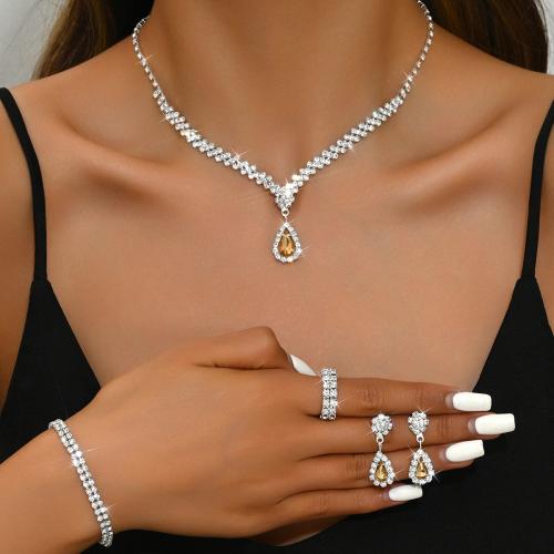 Brass Jewelry Set finger ring & bracelet & earring & necklace with Rhinestone Teardrop plated 4 pieces & for woman Sold By Set