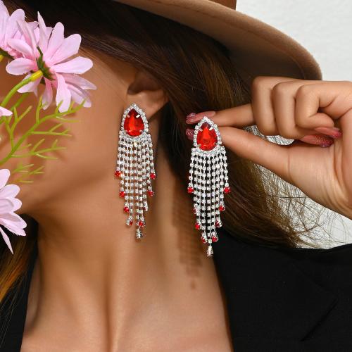 Brass Tassel Earring, with Rhinestone, plated, fashion jewelry & for woman, more colors for choice, 25x85mm, Sold By Pair