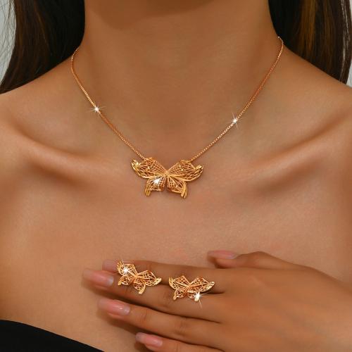 Zinc Alloy Smykker Set, Stud ørering & halskæde, Butterfly, guldfarve belagt, 2 stykker & for kvinde & hule, Solgt af sæt