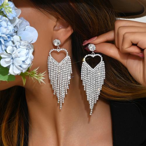 Brass Tassel Earring, with Rhinestone, Heart, plated, for woman & hollow, silver color, 30x95mm, Sold By Pair