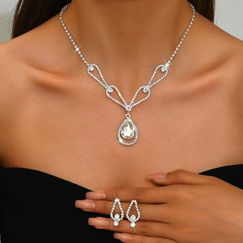 Brass Jewelry Set, earring & necklace, with Rhinestone, Teardrop, plated, 2 pieces & for woman & hollow, silver color, Sold By Set