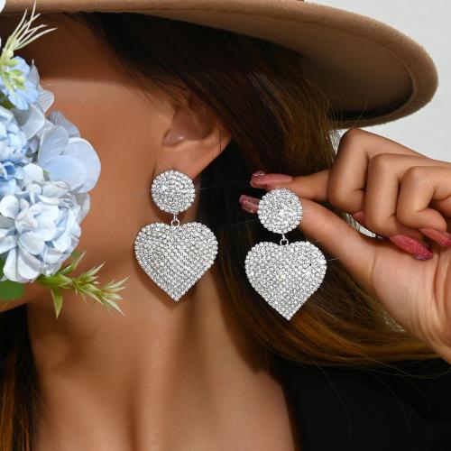 Brass Drop Earring, with Rhinestone, Heart, plated, fashion jewelry & for woman, silver color, 40x60mm, Sold By Pair