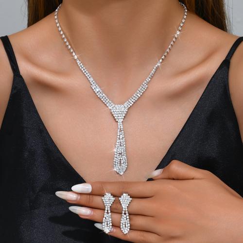 ottone set di gioielli fashion, orecchino & Collana, with strass, placcato, 2 pezzi & per la donna, argento, Venduto da set