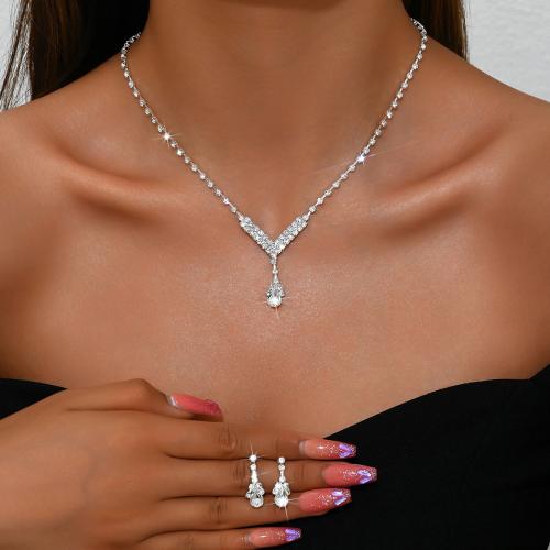 ottone set di gioielli fashion, orecchino & Collana, placcato, 2 pezzi & per la donna & con strass, argento, Venduto da set