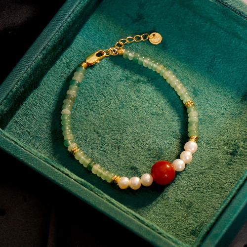 Brass Bracelet & Bangle, with Natural Stone & Agate & Freshwater Pearl, with 3.5cm extender chain, 18K gold plated, fashion jewelry & for woman, green, Length:Approx 17.5 cm, Sold By PC