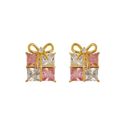 Boucles d'oreilles en laiton zircon cubique pavent, Plaqué or 18K, bijoux de mode & pavé de micro zircon & pour femme, doré, 18x14mm, Vendu par paire