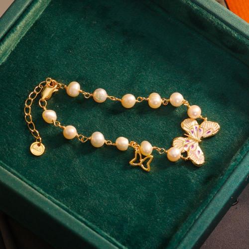 Brass Bracelet & Bangle with Freshwater Pearl with 4cm extender chain 18K gold plated fashion jewelry & for woman & enamel Length Approx 15.4 cm Sold By PC