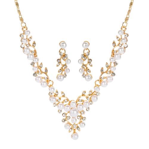 Tibetan Style Jewelry Sets, earring & necklace, with Plastic Pearl, with 5cm extender chain, 2 pieces & fashion jewelry & for woman & with rhinestone, more colors for choice, Length:Approx 45 cm, Sold By PC