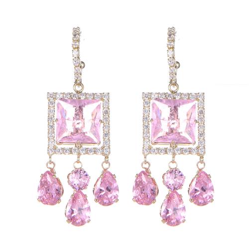 Cubic Zirconia Micro Pave Brass Earring, fashion jewelry & micro pave cubic zirconia & for woman, pink, 55x20mm, Sold By Pair