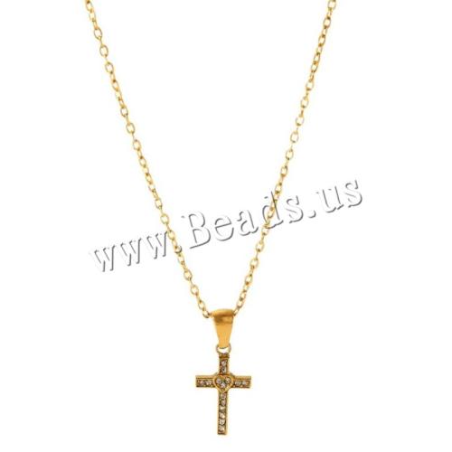 Stainless Steel Jewelry Necklace, 304 Stainless Steel, with 5cm extender chain, Cross, Vacuum Ion Plating, fashion jewelry & micro pave cubic zirconia & for woman, golden, 10x18mm, Length:Approx 45 cm, Sold By PC