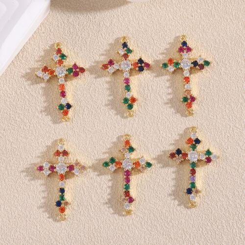 Laiton Pendentifs Croix, avec zircon cubique & cristal, Placage de couleur d'or, DIY, multicolore, protéger l'environnement, sans nickel, plomb et cadmium, 17x27mm, Vendu par PC