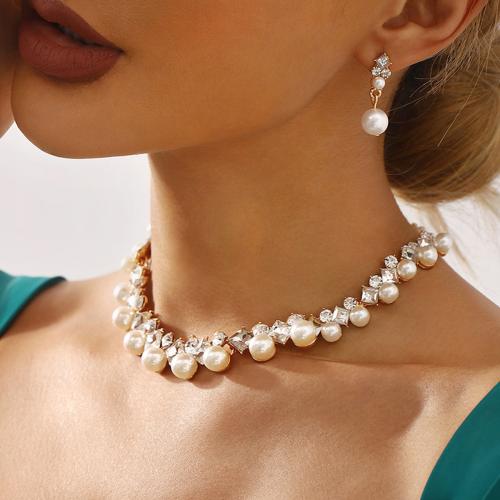 Tibetan Style Jewelry Sets, earring & necklace, with Plastic Pearl, plated, 2 pieces & fashion jewelry & with rhinestone, more colors for choice, nickel, lead & cadmium free, Sold By Set