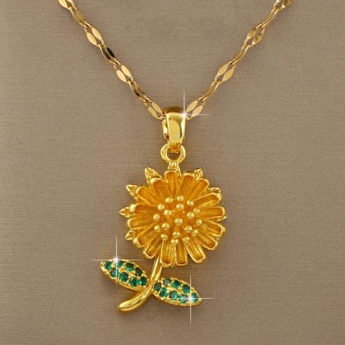 Collier en laiton cubique Zircon Micro Pave, fleur, Placage de couleur d'or, bijoux de mode & pavé de micro zircon, doré, protéger l'environnement, sans nickel, plomb et cadmium, 12x20mm, Longueur 45 cm, Vendu par PC