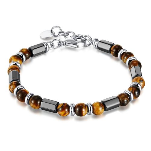 Stainless Steel Jewelry Bracelet, 304 Stainless Steel, with Tiger Eye, with 25mm extender chain, fashion jewelry & for man, Length:190 mm, Sold By PC