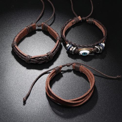 Tibetan Style Bracelet, PU Leather, with Wax Cord & Wood & Tibetan Style, handmade, three pieces & fashion jewelry & for man, more colors for choice, Sold By Set