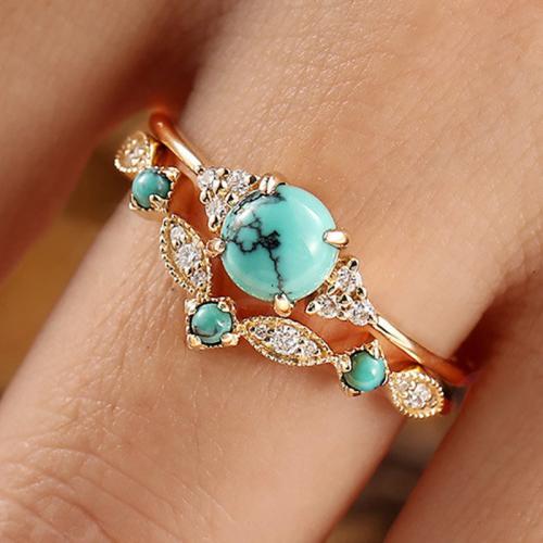 Zinc Alloy Finger Ring with turquoise plated & micro pave cubic zirconia & for woman golden Sold By PC