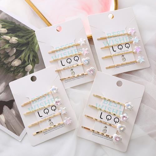 Barrette, alliage de zinc, avec perle de plastique, fait à la main, 4 pièces & styles différents pour le choix & pavé de micro zircon & pour femme, plus de couleurs à choisir, Vendu par fixé